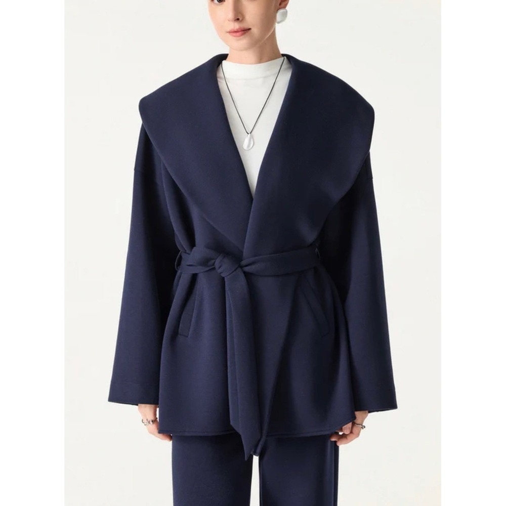 OGL Womens Belted Shawl Collar Open Front Jacket Coat Pockets Navy S Small New